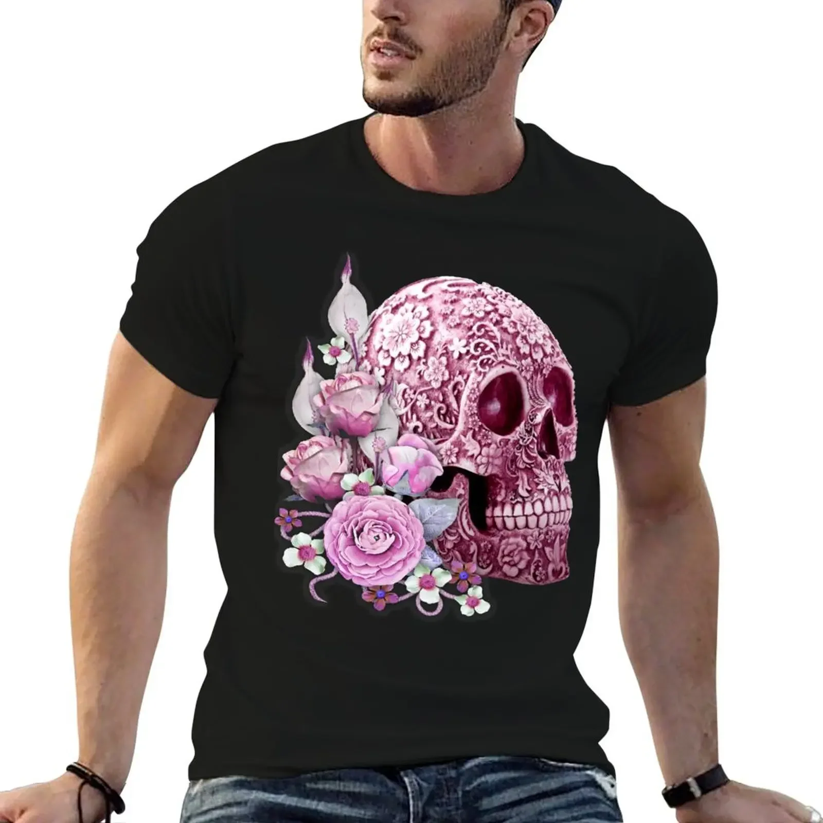 Pink Floral Pink Flowers Sugar Skull T-Shirt designer shirts sublime funny t shirts men