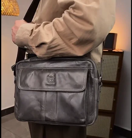 

New Cowhide crossbody bag men's double layer leisure real leather 11 "tablet computer storage large capacity travel bag