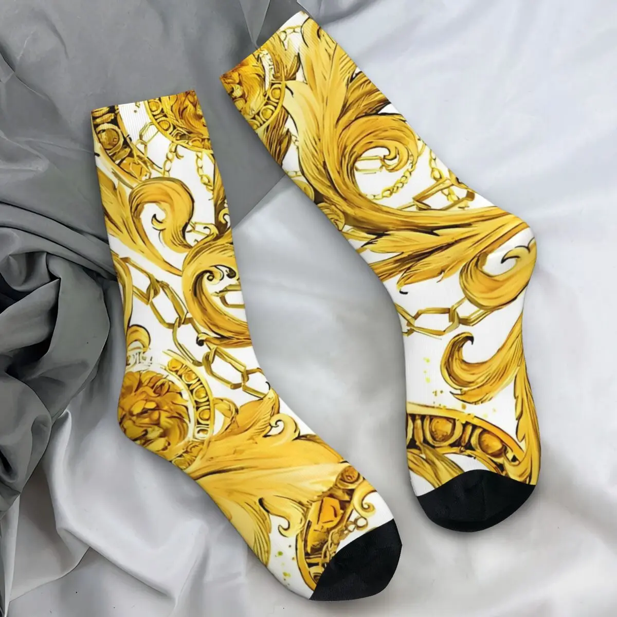 Luxo dourado leão flor padrão meias barroco lazer meias masculinas médio macio skate meias de inverno antiderrapante