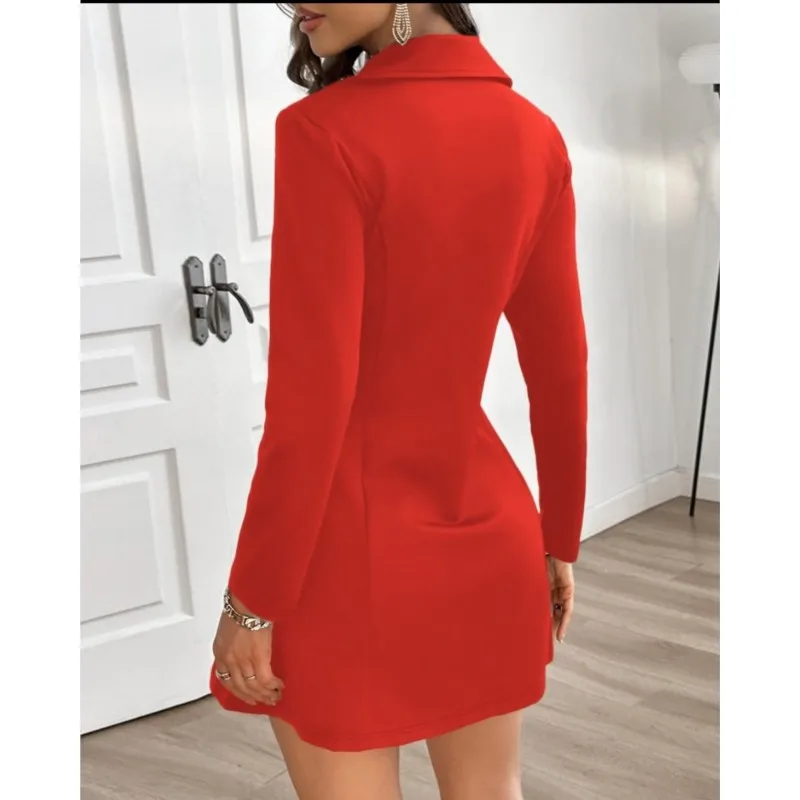 Suit Coat Red/black Dress For Women Streetwear 2025 New Spring Fashion Solid Double Breasted Zipper Dresses Blazer Short Dress