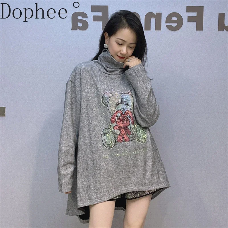 All-match Oversize Women Pullover Top Stand Collar Mid-long Irregular Long Sleeve T-shirt Thick Sanding Hot Drilling Casual Tees