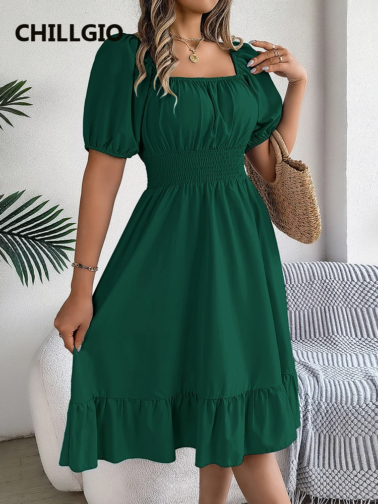 Chilligio-Vestido feminino vintage de manga curta babados cintura alta Midi linha A, casual básico moda praia, verão