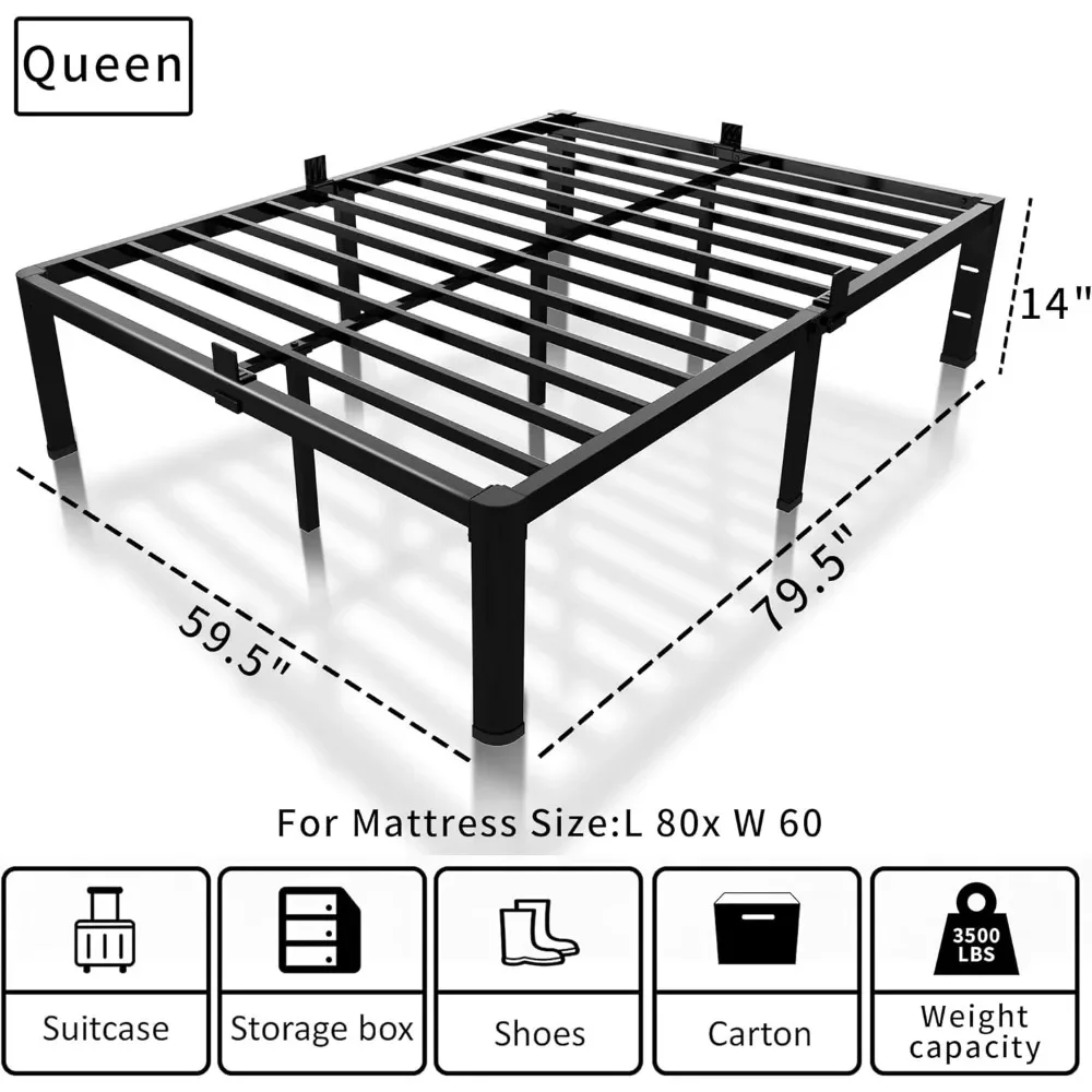 

14 inch Metal Bed Frame with Rounded Corner and Headboard Hole Mattress Retainers 3500LBS Heavy Duty Steel Slats Platform Noise