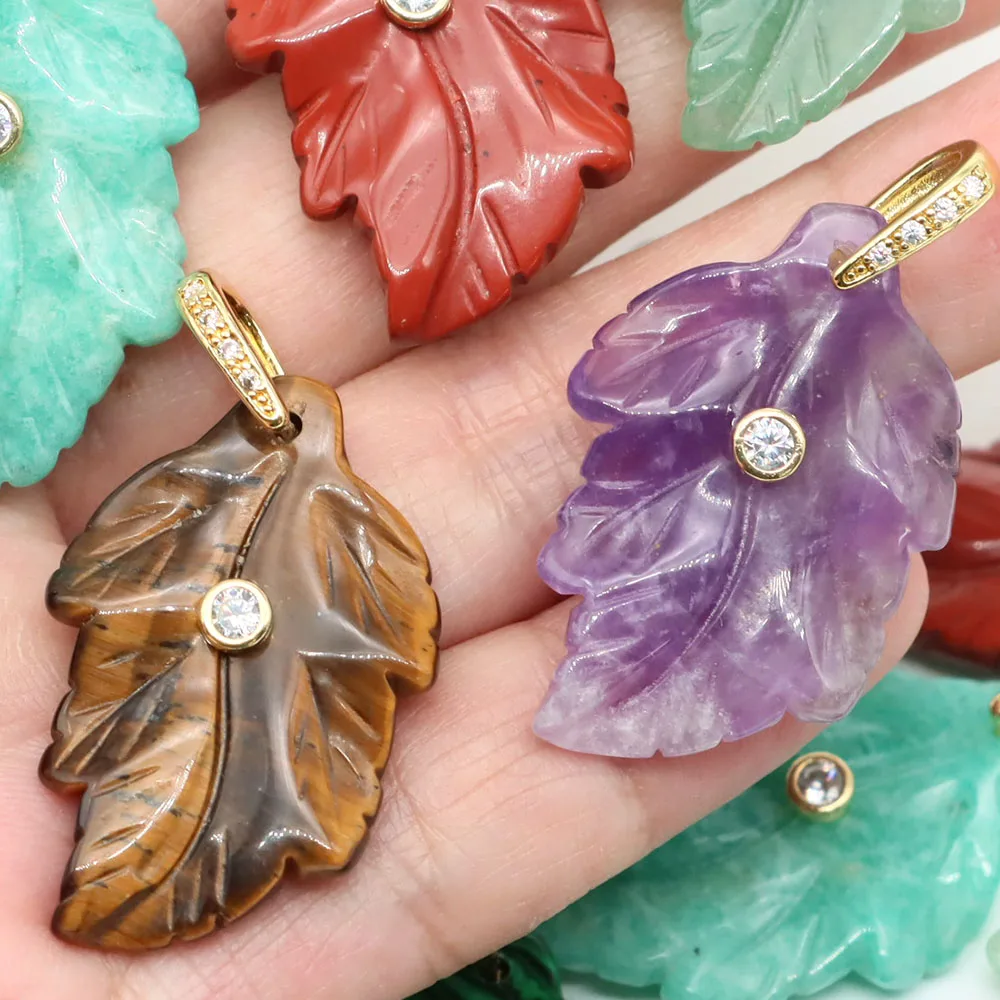 

Natural Stone Leaf Shape Zircon Beads Pendant Healing Crystal Amethyst Rose Quartz Carved Gemstone for Jewelry Making Necklace