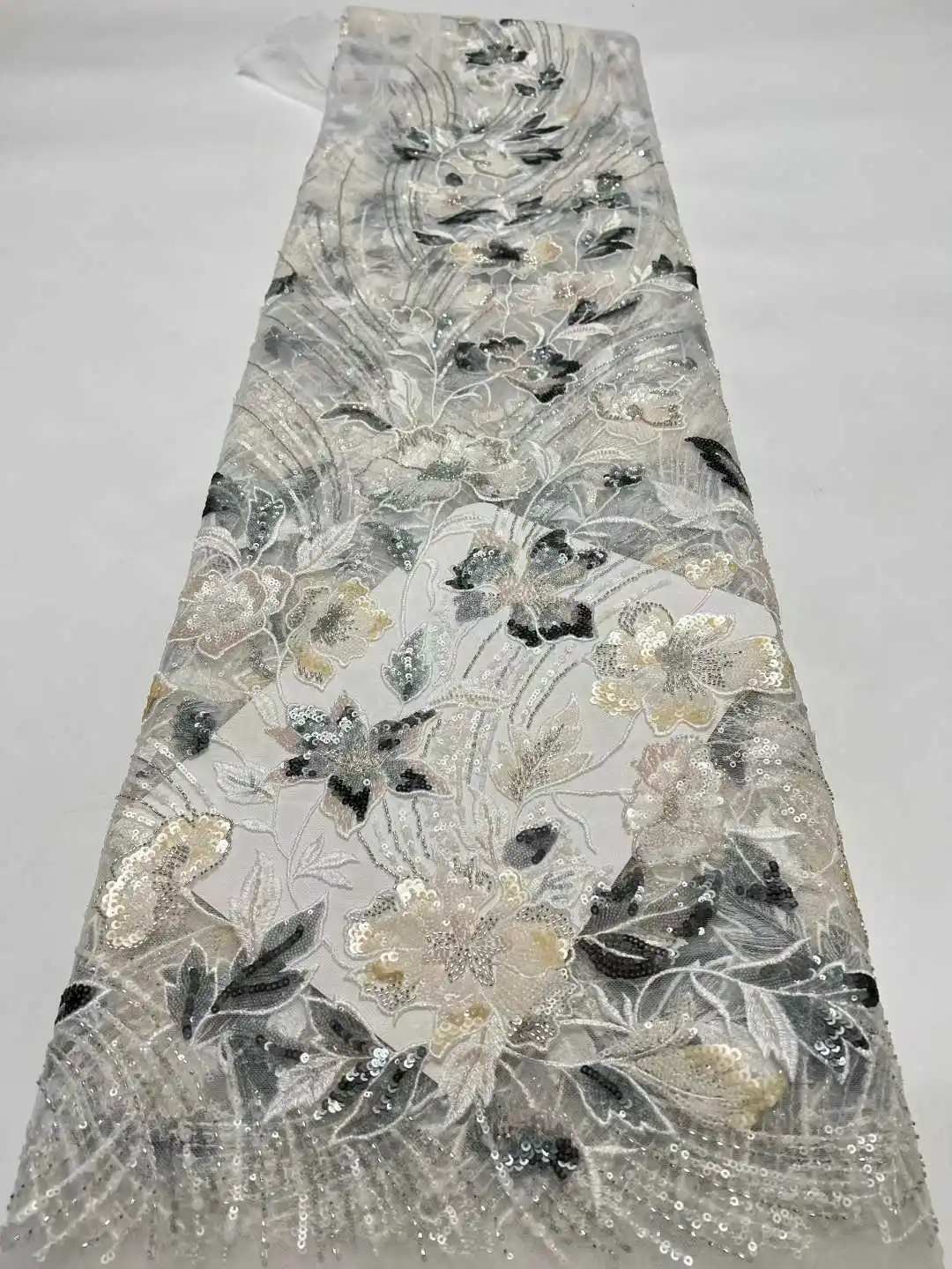 

SJ Lace Latest High Quality 2026 African Tulle Lace Fabric Nigerian Beads Lace Embroidery Sequins Lace For Women Party Wedding