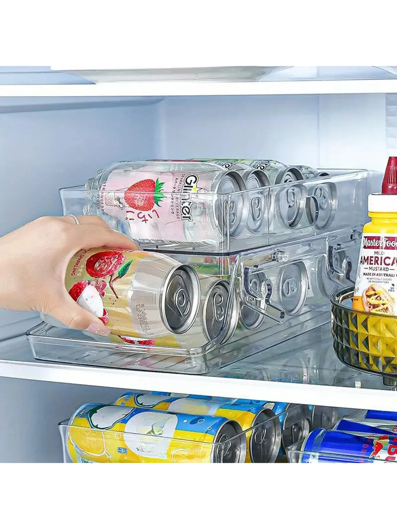 

1 refrigerator storage rack, soda can dispenser, beverage cabinet, transparent plastic food storage rack, kitchen accessories