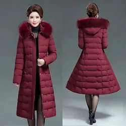 Middle-aged Womens Down Cotton Coat 2024 New Winter Long Warm Quilted Cotton Jacket Female Casual Hooded Parka Overcoat 6XL