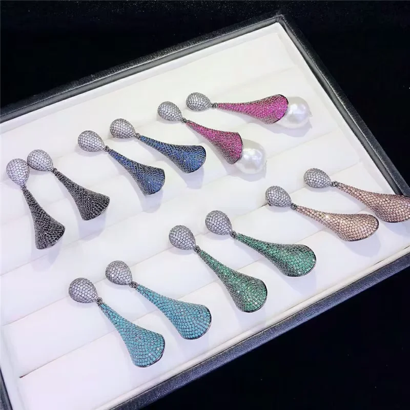 1Pair Water-drop Golden plated Paved CZ Earrings Tassel Cap Jewelry Connector