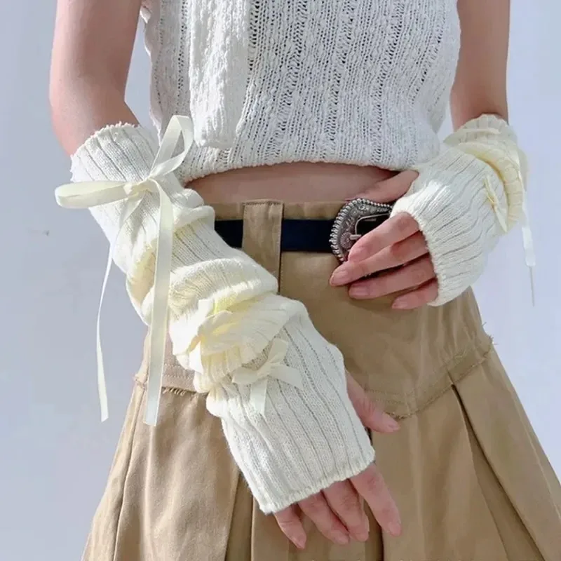 أنثى Y2K موضة الشرير مدفئات للذراع Bowknot لينة قفازات محبوكة النساء فتاة نصف اصبع القفازات بلون رشاقته أكمام أذرع تبريد