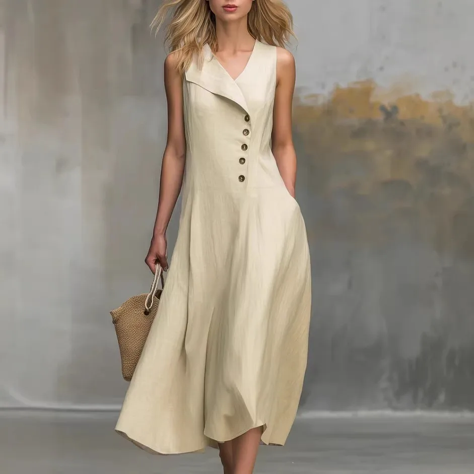 Summer Woman Dress Sleeveless Midi Button Front Dresses A Line Skirt Wrap Style Sundress Women's Summer Linen Look Fabric