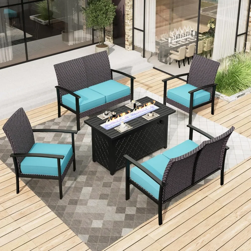 

Patio Furniture Set, Wicker Chair, 45" Fire Pit Table with Cushions, All Weatther Outdoor Conversation Set for Garden, Lawn