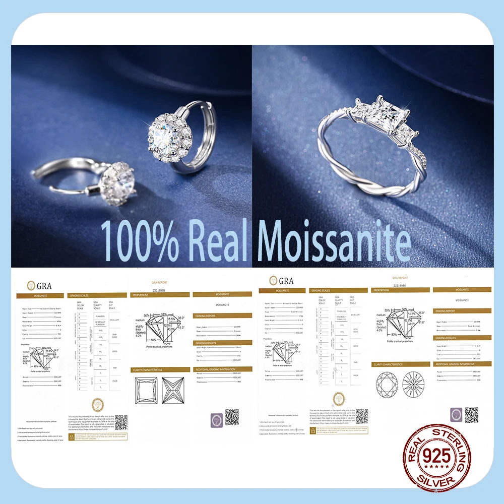 

Комплект колец и сережек с муассанитом, стерлинговое серебро 925 пробы, сверкающий классический бриллиантовый ремешок для женщин, ювелирные изделия для свадьбы, помолвки и вечеринки