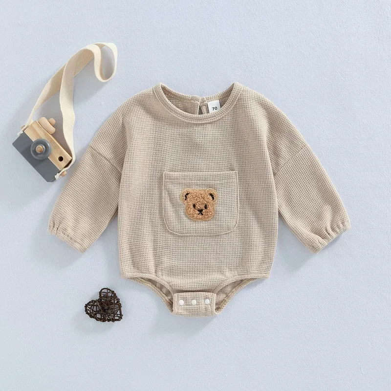 Newborn Baby Girl Boy Bodysuit Spring Autumn Clothes 2022 Casual Long Sleeve Bear Embroidery Front Pocket Bodysuit