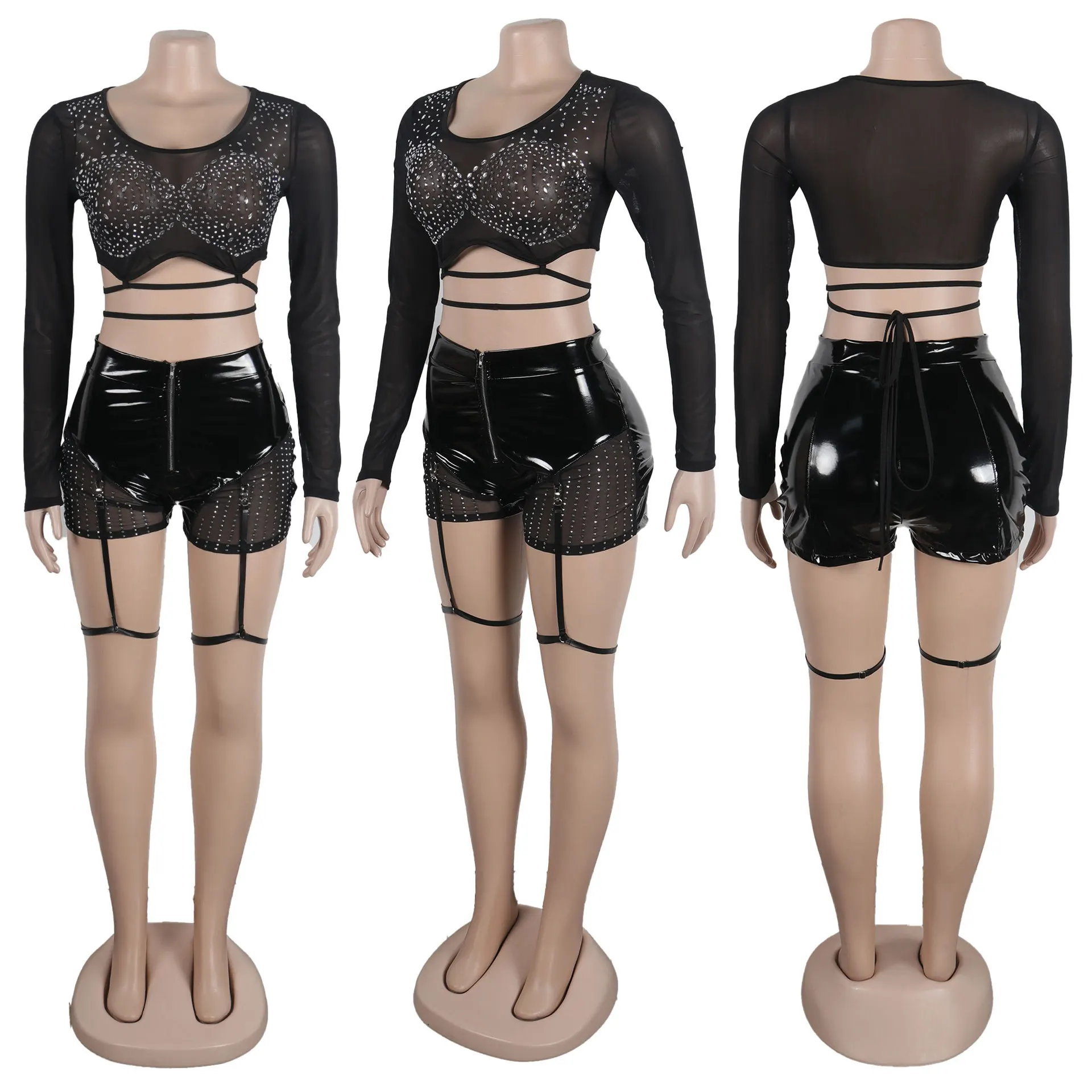 Sexy Rhinestones PU Patchwork Two Piece Set Loing Sleeve Mesh Lace Up Crop Top Zipper Shorts 2 Pieces Set Club Party Suits 2023