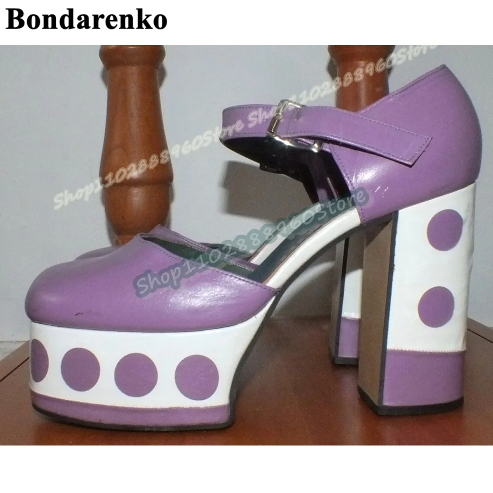 

White And Purple Platform Dot Sandals Chunky High Heel Women Shoes Ankle Buckle Strap Round Toe Party Trendy Zapatos Para Mujer