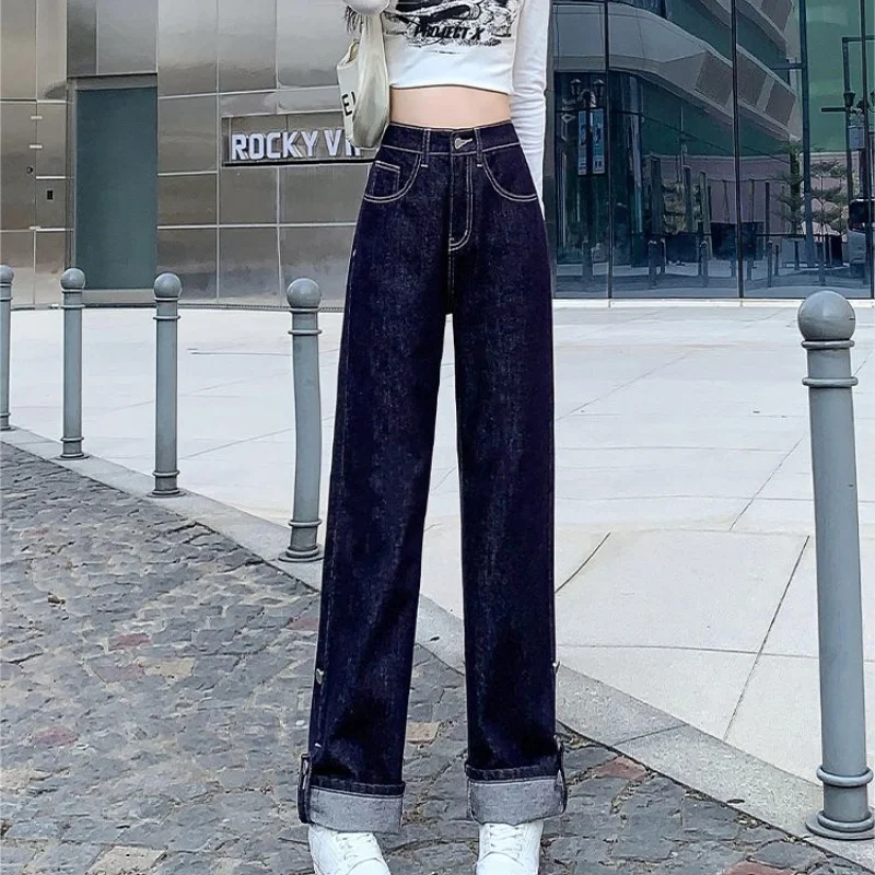 

High Street Lady Fashion Wide Leg Denim Pants Women Classic Loose High Waist Jeans Lady Vintage Solid Straight Leg Trousers
