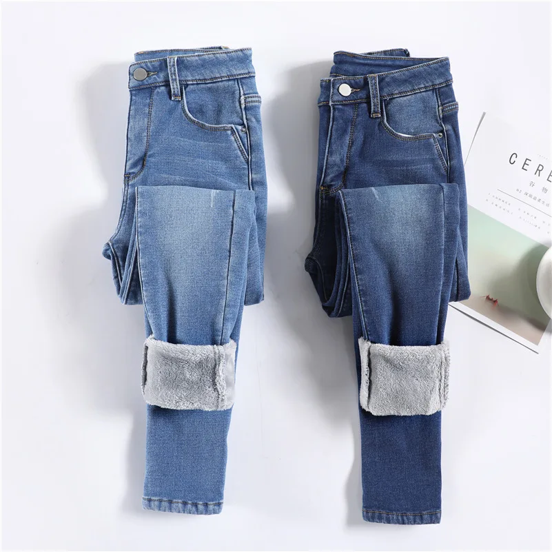 

Women Thermal Jeans Winter Snow Warm Plush Stretch Jeans Lady Skinny Thicken Fleece Students Pants Female Retro Blue Trousers