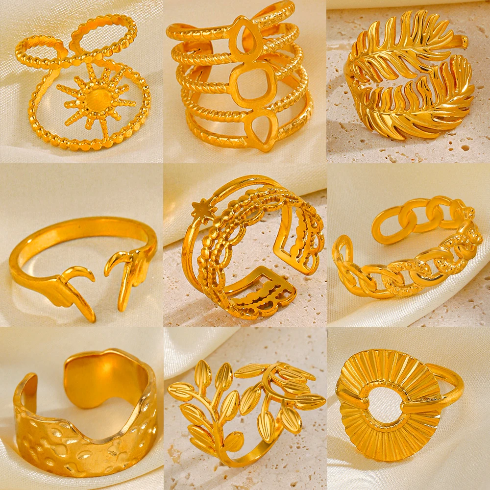 Anel feminino vintage de aço inoxidável, cor dourada, acessórios para dedo, joias de luxo, folha simples, hip hop, anel largo exagerado