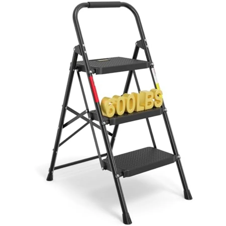 3-Step Ladder Folding Step Stool 600lbs Max Load Capacity Sturdy Steel Non-Slip Pedals Lightweight Portable Steel Ladder with C