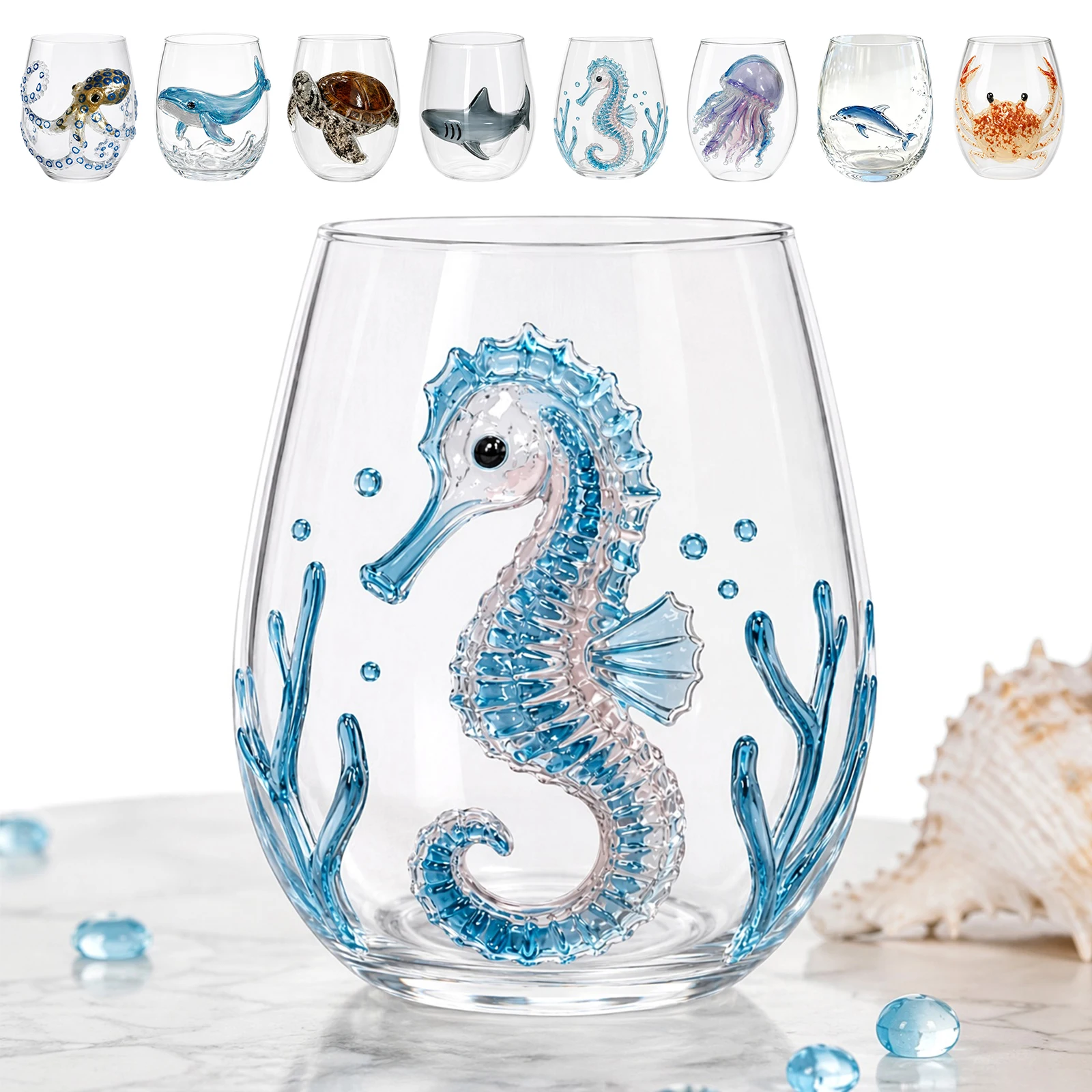 3D Glass Stemless Wine Cup Handmade Blue Ring Ocean Marine Life Bar Coastal Home Decor Gift