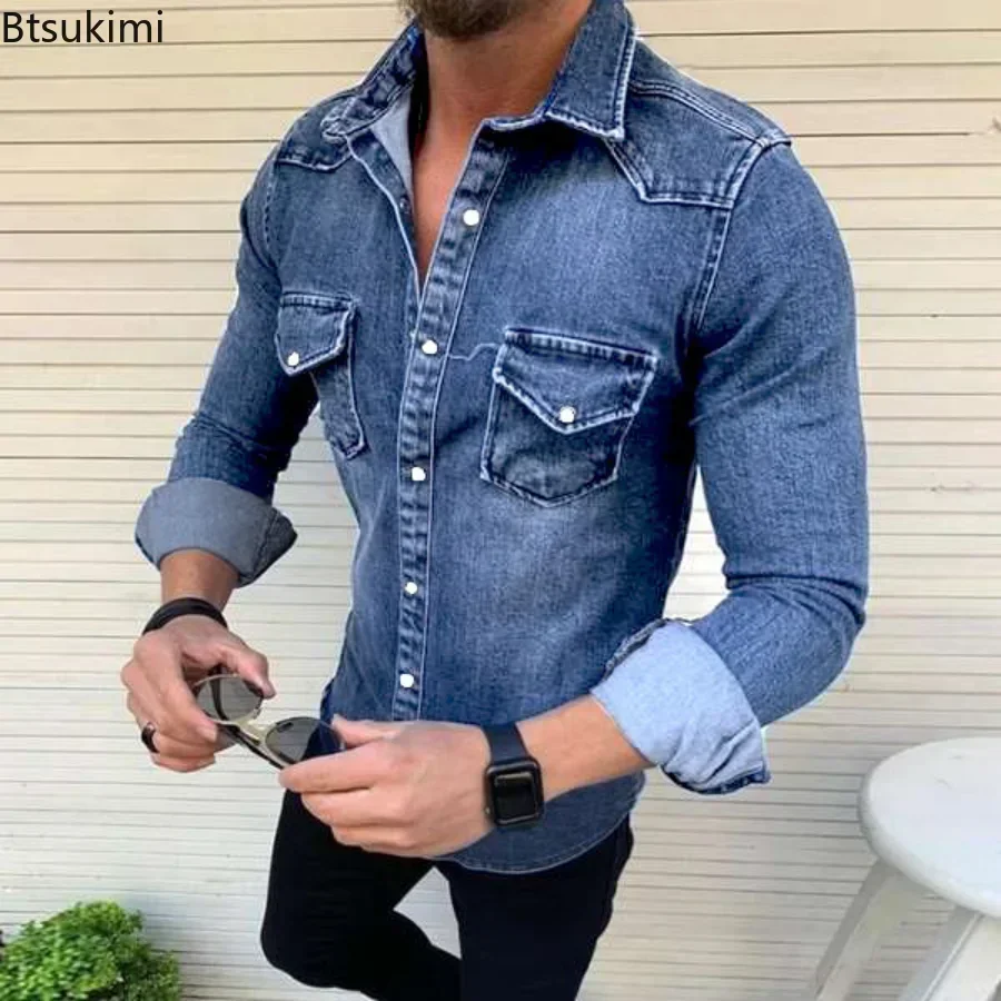 New Spring Autumn Mens Jeans Shirt Long Sleeve Denim Shirts for Men Cotton Two Pockets Slim Elastic Denim Shirts Chemise Homme