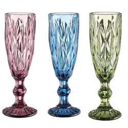 1 Piece 150ml 5oz Vintage Embossed Heavy Thick Clear Pink Green Blue Grey Colored Champagne Flute Glasses Goblet Cup