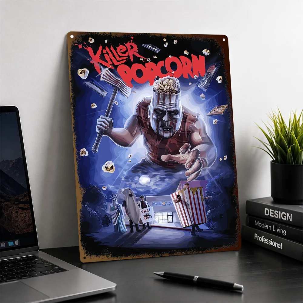 Killer Popcorn Textured Poster Personalized Metal Tin Sign Gothic Portrait Wall Art Perfect For Home Theaters Or Dark Bedrooms