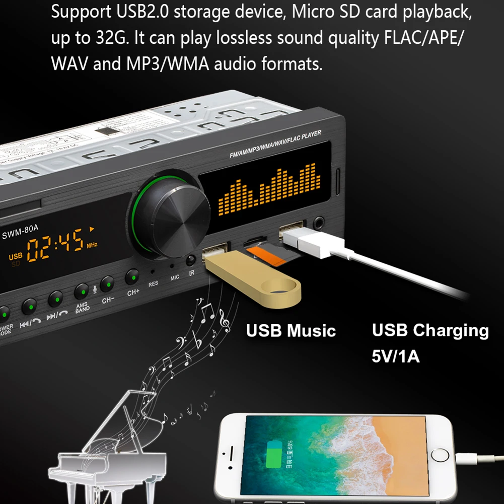 1 DIN راديو السيارة SWM-80A الصوت نسخة محدد السيارات ستيريو في الهواء الطلق بلوتوث متوافق TF USB AUX-في قطع غيار السيارات الشخصية الديكور