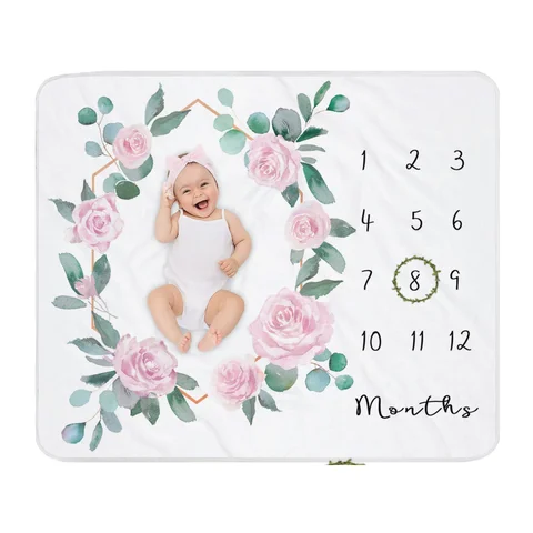 VIKAMA Baby Photography Blanket 1–12 Months Marker Pink Rose Green Leaf Floral Print Baby Growth Milestone Photography Blanket