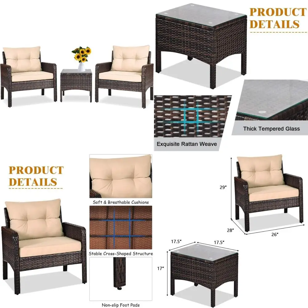 

3-Piece Outdoor Wicker Patio Furniture Set with Cushions and Glass Top Coffee Table for Garden Conversation
