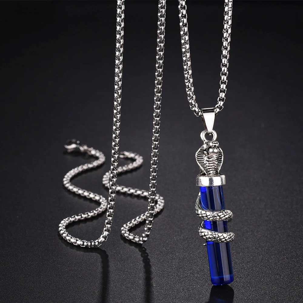 1PC Vintage Men Women Cylindrical Natural Quartz Crystal Ancient Snake Pendant Necklace Natural Stone Necklace Jewelry Gift