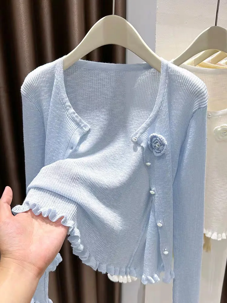 

Blue Korean Style Ice Silk Lace Knitted Open Cardigan Women's Summer Strap Dress Outer Shawl Flower Sun Protection Cover up Top