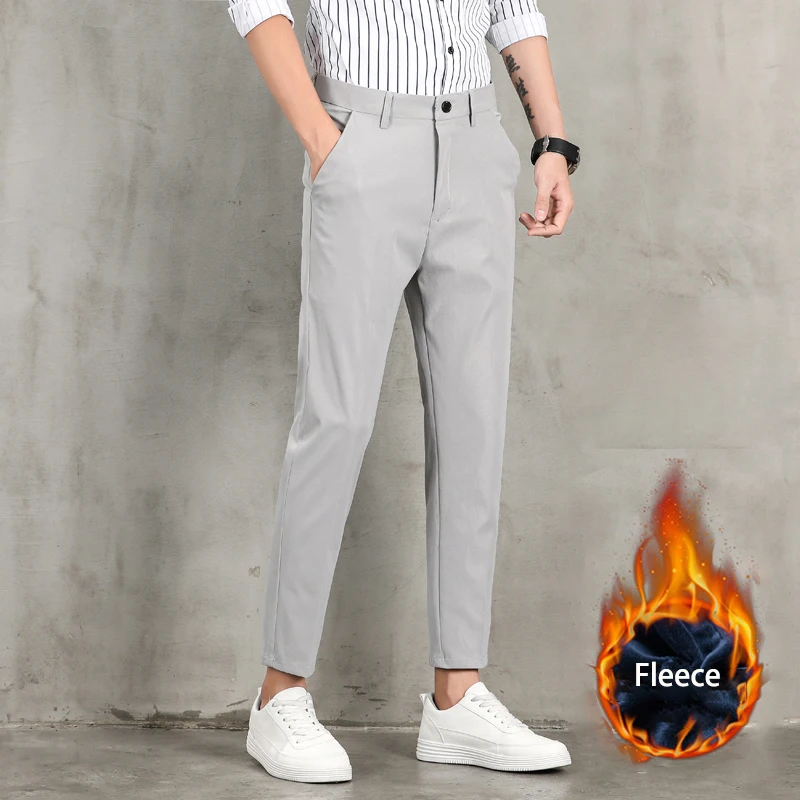 Men's Slim Fit Draped Stretch Fleece Cropped Pants Outdoor Windproof Solid Color Slacks Men's All-season Comfortable Slacks