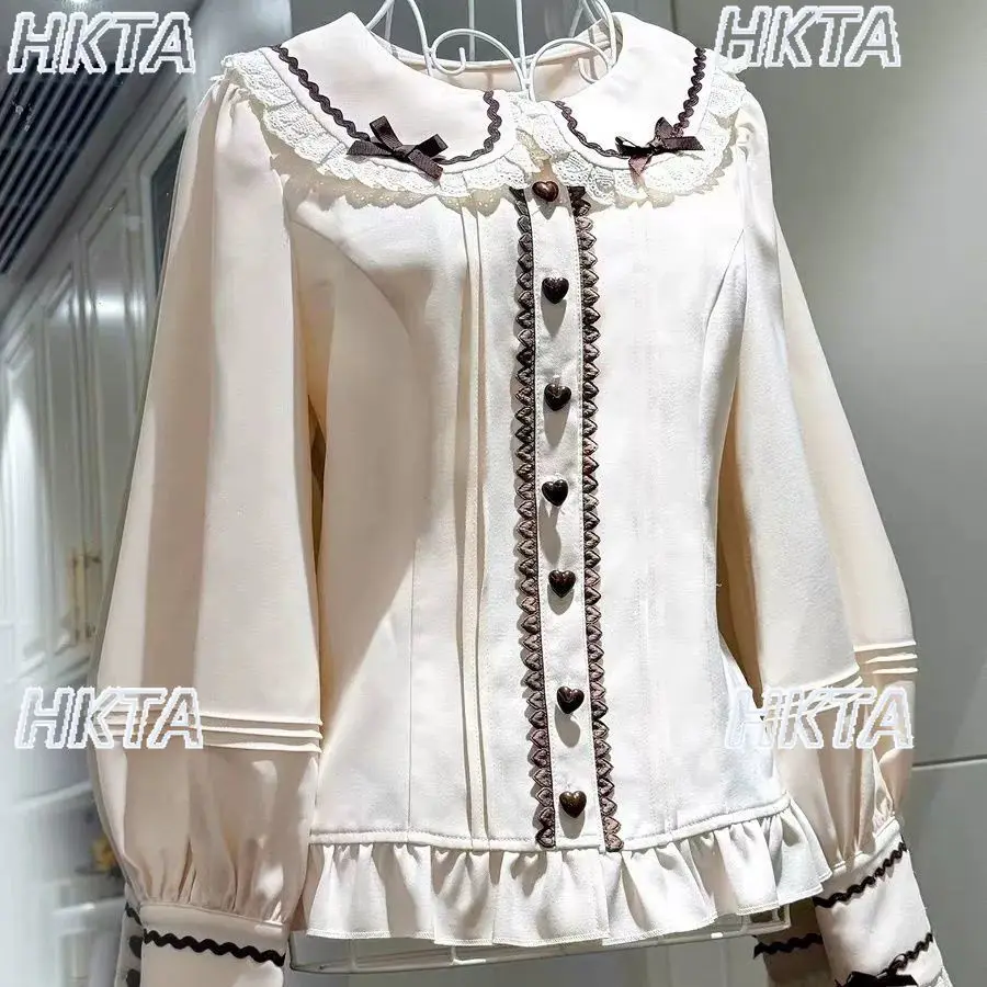 

Japanese 2025 Sweet Soft Girl Lolita Bow Doll Collar Bubble Long Sleeve Shirts Loose Thin Waist Ruffle Pleated Blouse Top Women