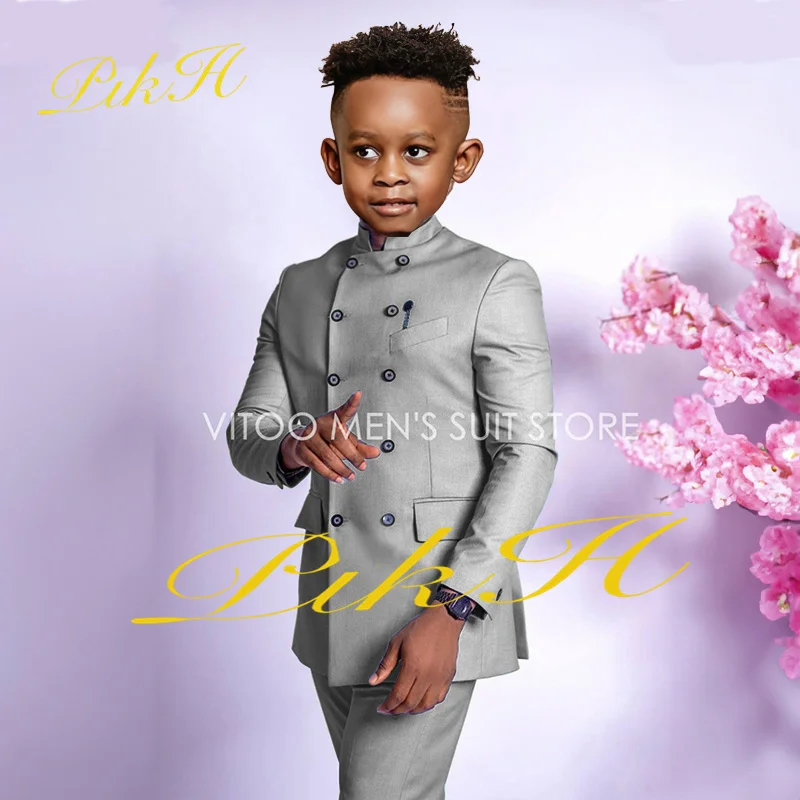 Boys Suit Wedding Double Breasted Jacket Pants 2 Piece Kids Sky Blue Dress Child Full Outfit 2-16 Years Old