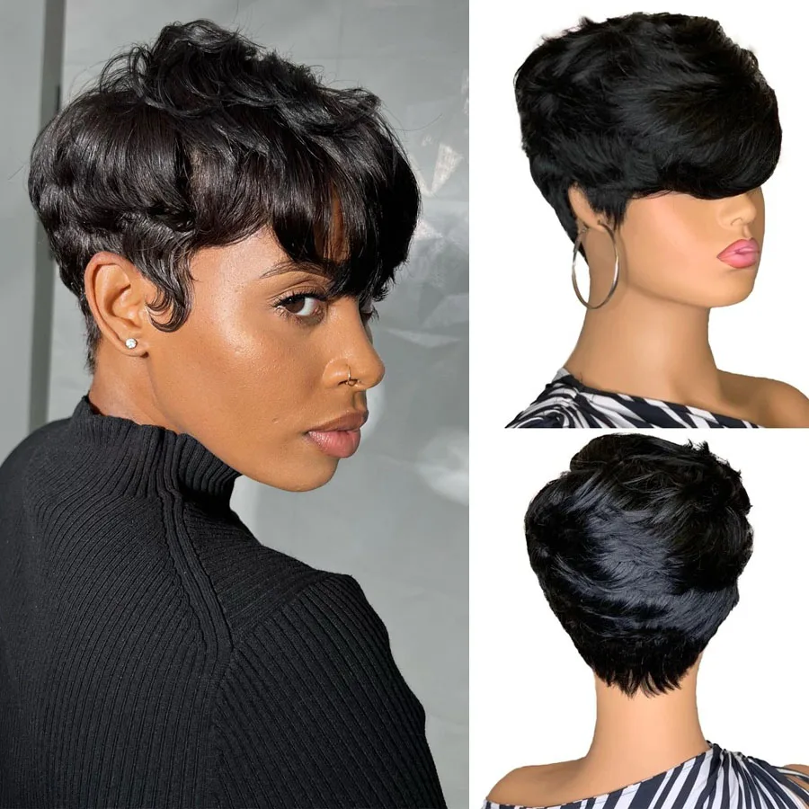 Krótkie peruki Pixie Cut Ludzkie włosy Naturalna czarna peruka z ludzkich włosów z grzywką Brazylijska peruka Remy Bob Cut Pełna peruka wykonana