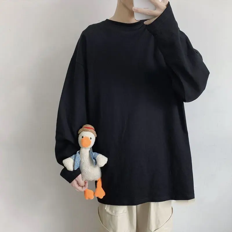 

Spring Autumn New Fashion Round Neck Long Sleeve Solid Color T-Shirts Men's Clothing Pullovers Casual Loose Korean All-match Top