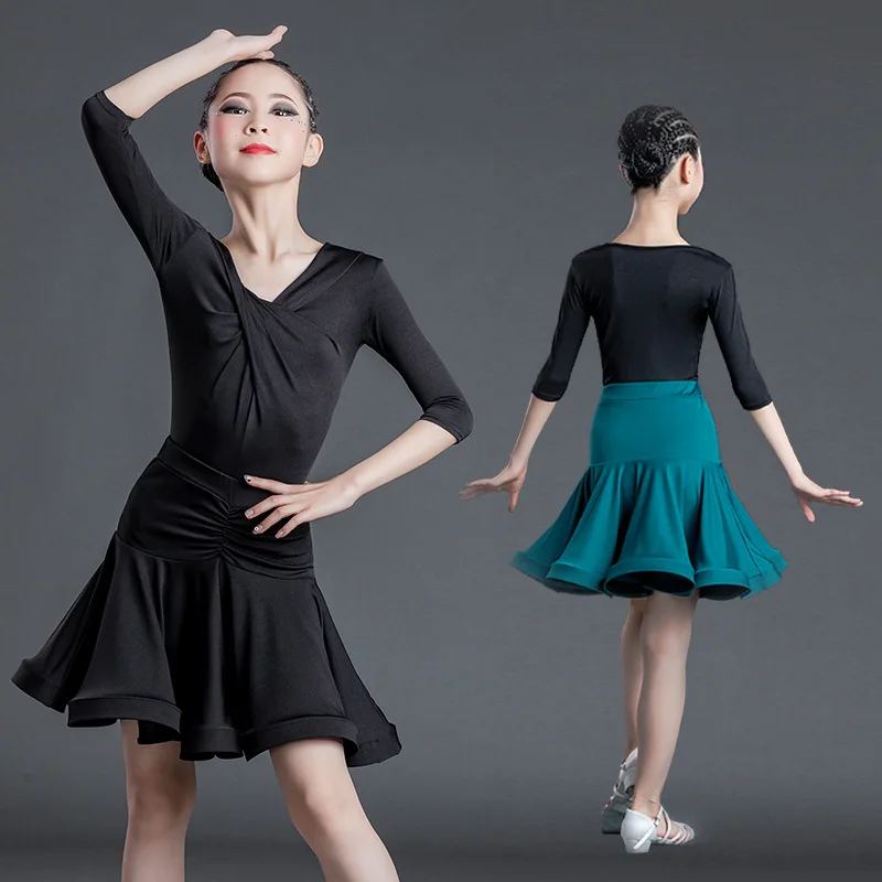 

Short Medium Sleeve Leotard Skirt Fit for Kids Children Latin Performance Ballroom Dancing Dresses Rumba Cha Cha Samba Dress