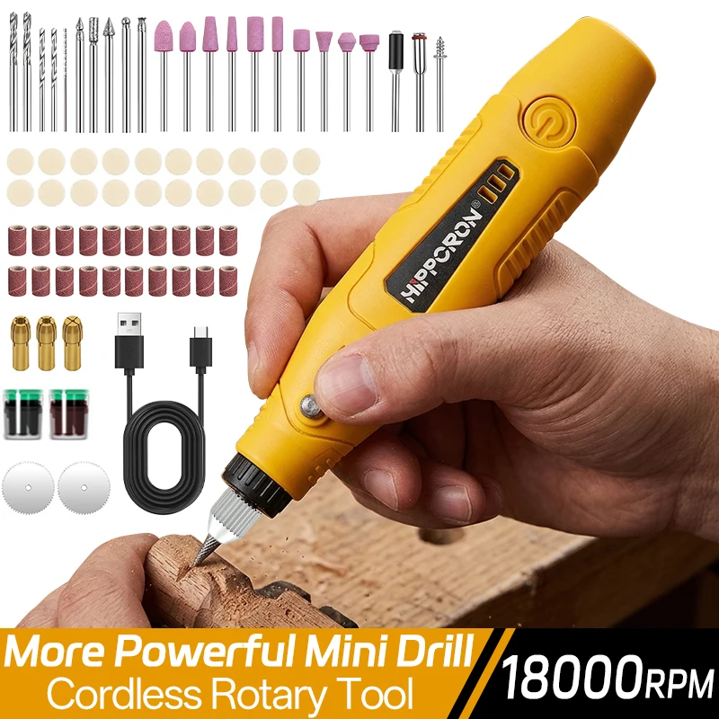 HIPPCRON 18000RPM Mini Cordless Rotary Grinder, 3.7V 3-Speed 900mAh Battery Engraving Pen for Sanding Polishing Drilling DIY