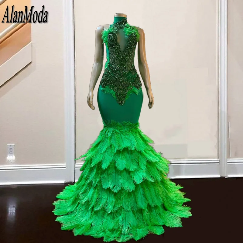 Luxury Green Feathers Prom Dresses 2024 High Neck Crystal Black Girls Party Gala Gowns Evening Dress vestidos de gala