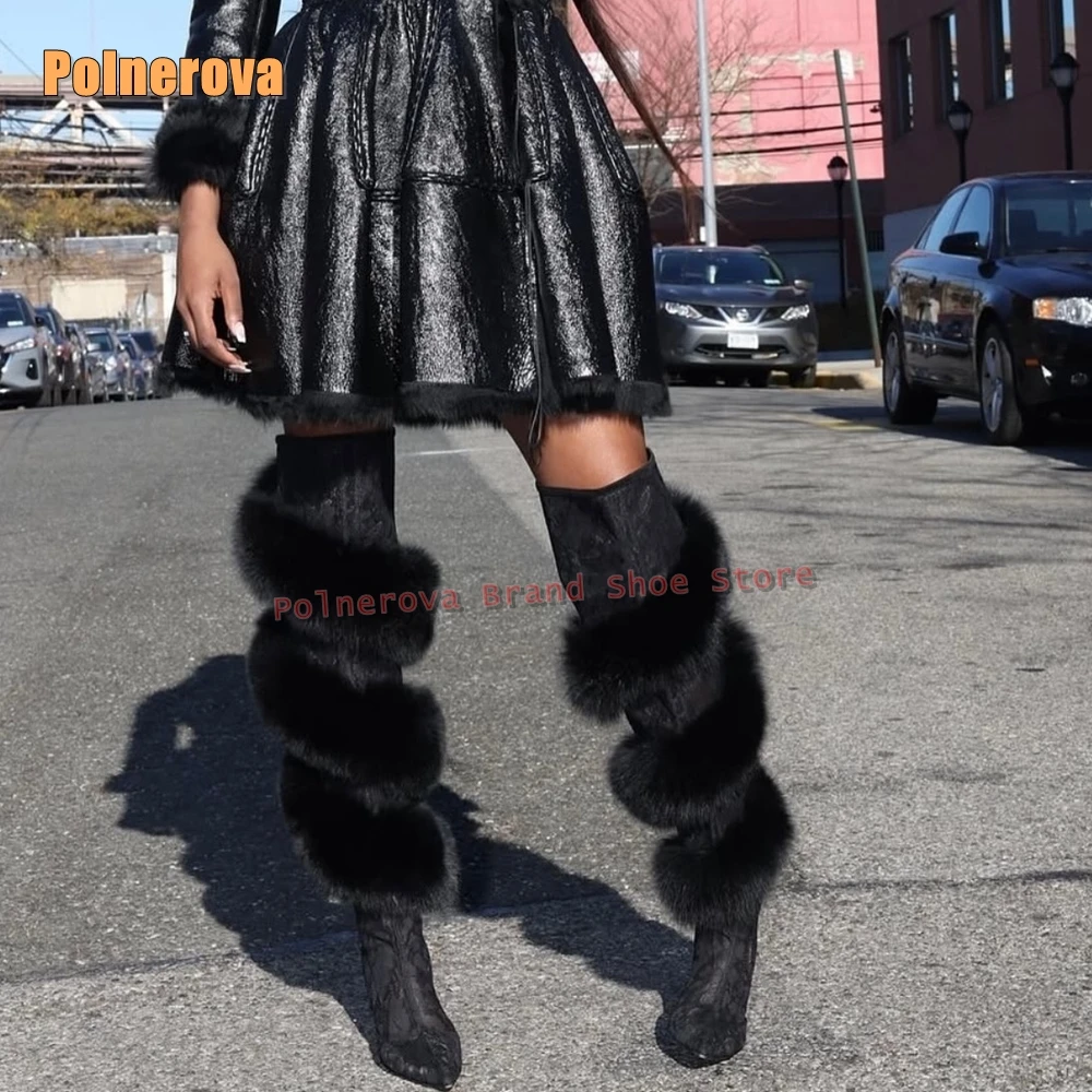 

Black Faux Fur Sexy Long Boots Pointed Toe Stiletto Zipper Closure Ankle Strap Women Knee High Boots 2025 Winter Street Style