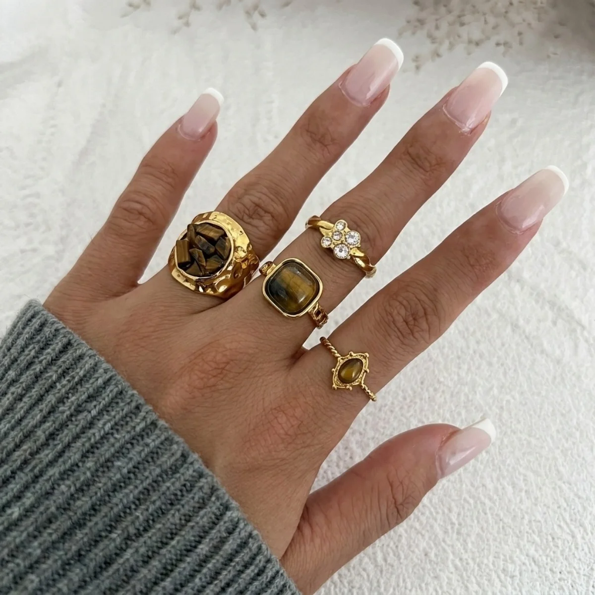 Edelstahl Natürlicher Tigerauge-Stein Wassertropfen-Hammer-Ring Breiter Ring für Damen und Herren Französischer Vintage Geometrischer Blumenring Schmuck – Detail 8