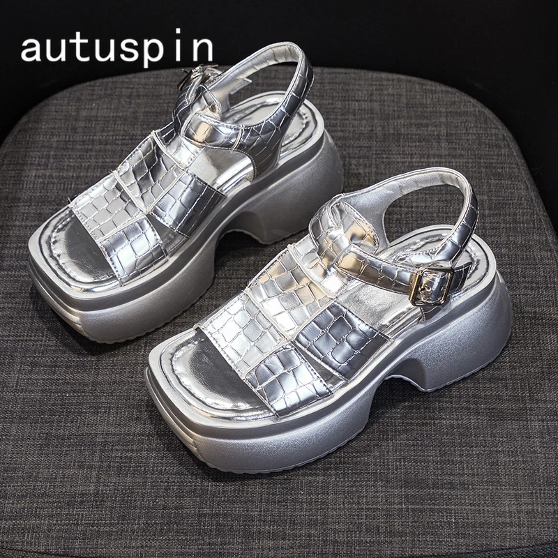 

Autuspin 7cm Silver Color Women Platform Sandals Fashion Rome Style Ladies Shoes Summer Popular Casual Thick Soled Chunky Sandal