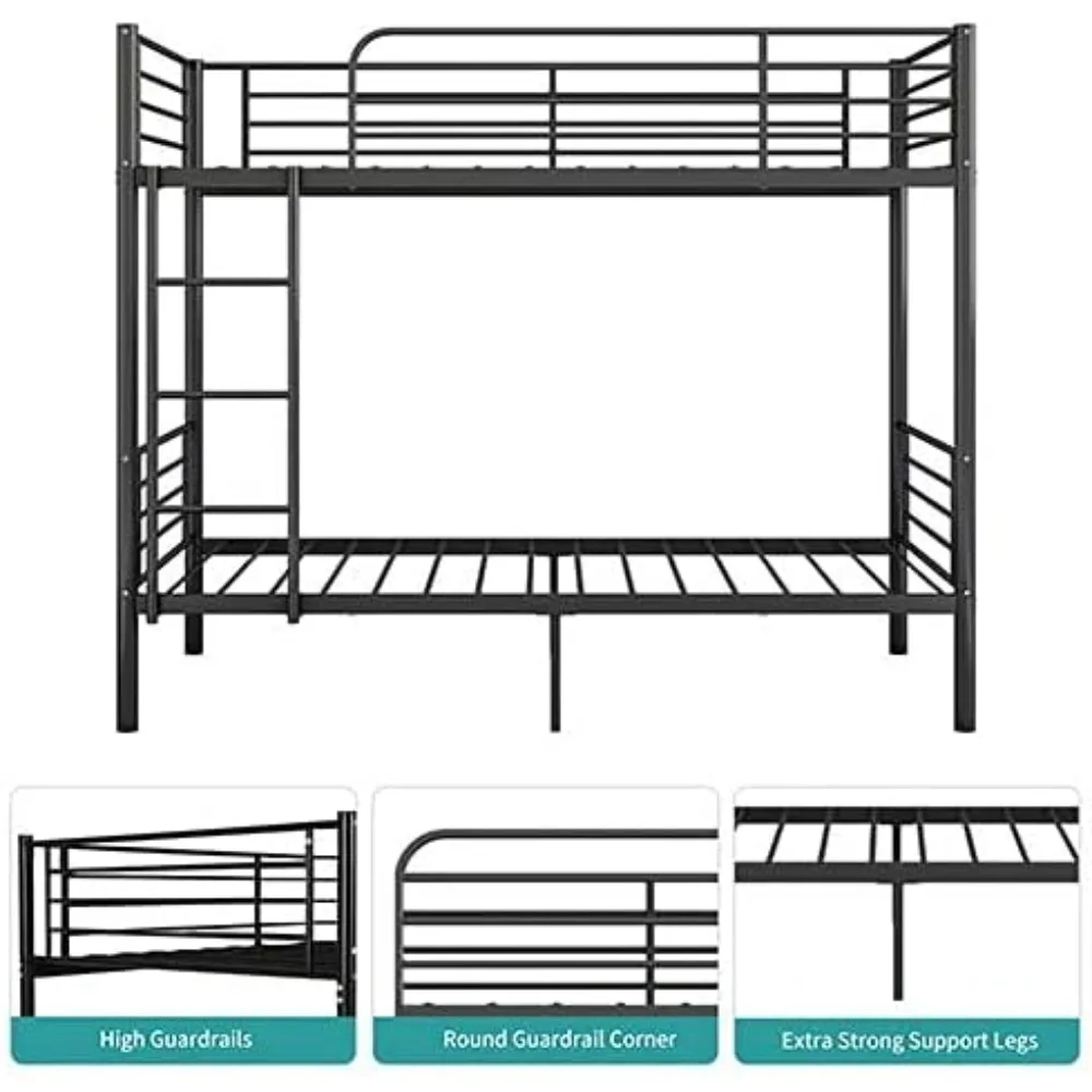 إطار سرير مزدوج فوق توأم، إطار سرير معدني بطابقين شديد التحمل مع حاجز حماية وسلم، موفر للمساحة، خالي من الضوضاء #6
