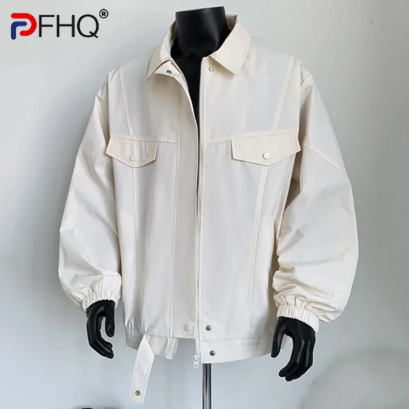 PFHQ Solid Color Loose Men's Jackets Casual Turn-down Collar Zipper Clothing Korean Style Loose Male Coats Spring Simple 21E1008