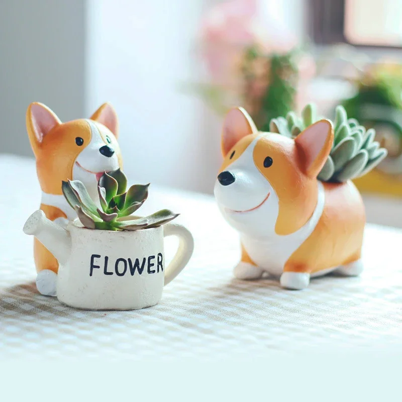 Kreatywna sadzarka Corgi, doniczka z żywicy na sukulenty kaktusy rośliny powietrzne, bajkowy ogród dekoracyjna figurka wystrój domu na biurko