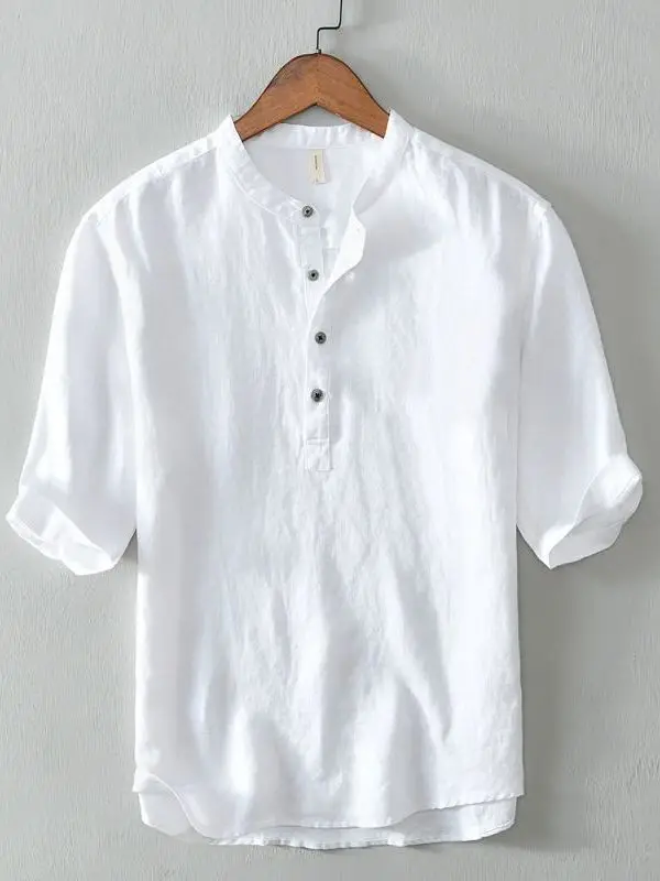 Casual Cotton Linen Short Sleeve T-Shirt Overhead Men's Summer Loose Artistic Style Stand Collar Shirt Breathable Daily Wear
