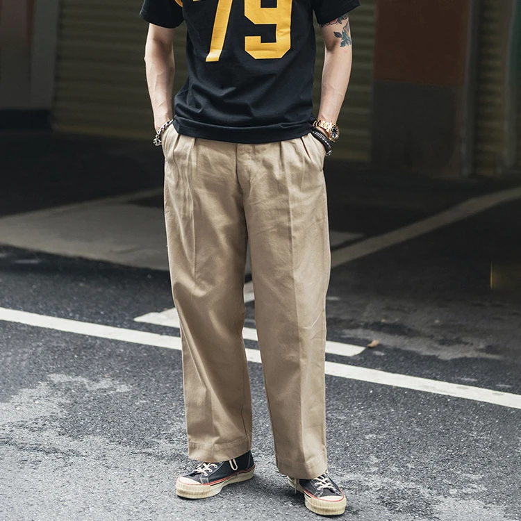 Non Stock Retro M52 Twill Khaki Loose Straight Casual Long Pants Middle High Waist Button Cotton Men's Straight Leg Trousers