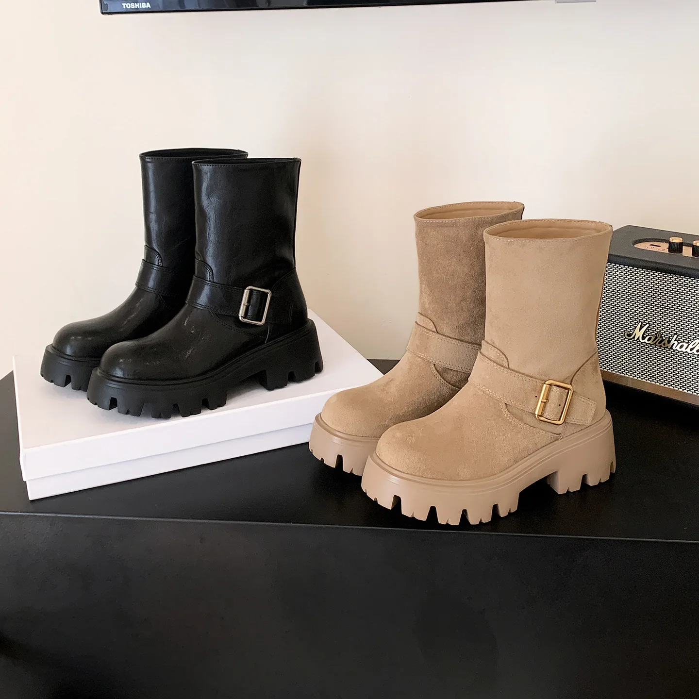 Genuine Leather Thick Sole 6cm Heel Boots Women Autumn Winter Retro Motorcycle Belt Buckle Chunky Heel Knight Boots