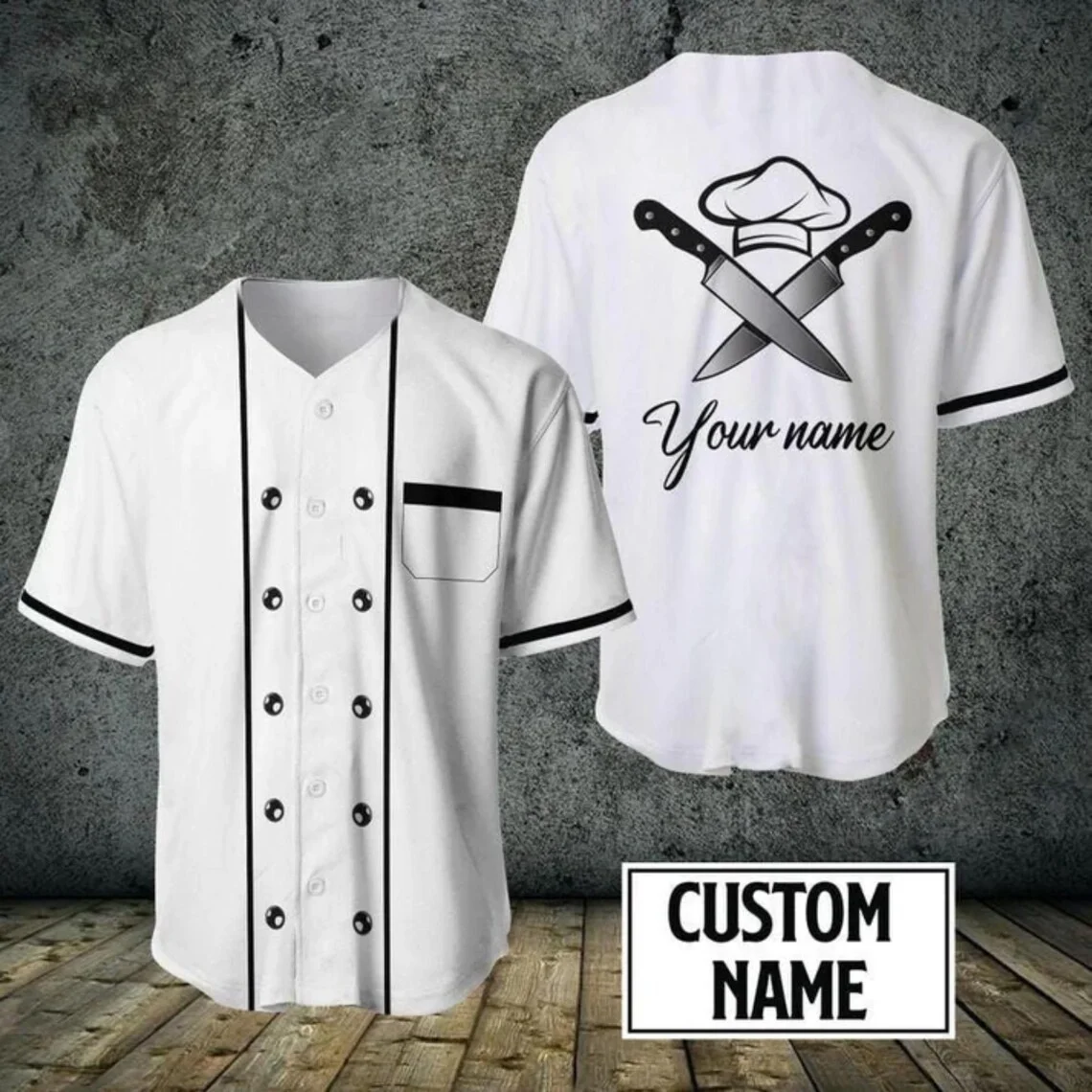Chef Baseball Jersey Custom Name Button Up Shirt, Knife Pattern Cook Top, Chef Hat Graphic, Restaurant Kitchen Gift for Chefs